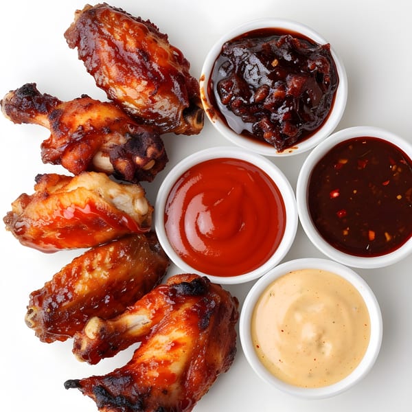 Glazed chicken wings with four dipping sauces: barbecue, ketchup, sweet chili, and a creamy orange sauce.