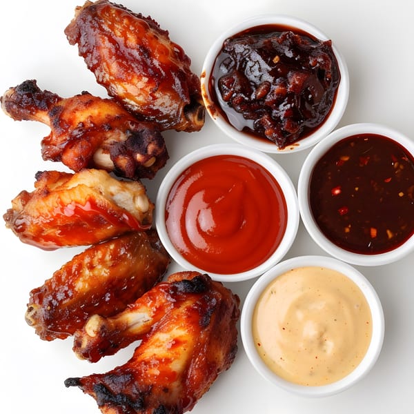 Grilled chicken wings with four dipping sauces: barbecue, ketchup, sweet chili, and a creamy sauce.