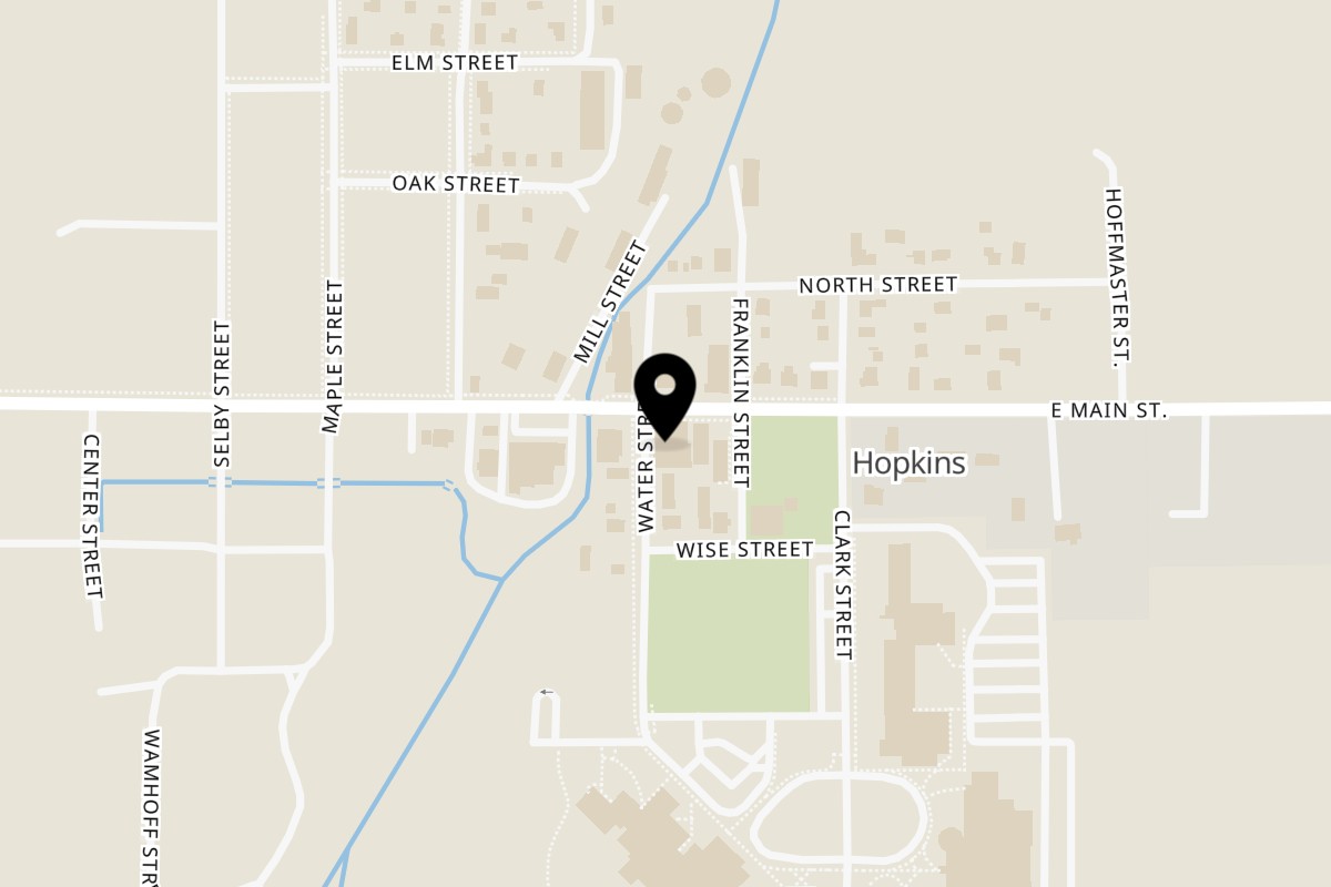 Map showing the location of Russo’s Pizzeria Bar & Grille Hopkins on 100 East Main Street in Hopkins